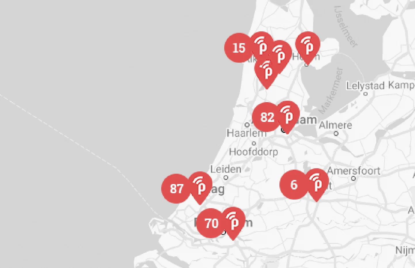 Kaart van Noord- en Zuid-Holland met de locaties waar publicroam beschikbaar is