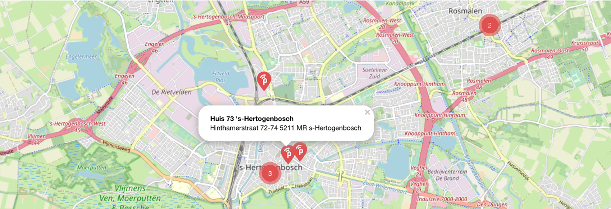 Topografische kaart van Den Bosch met de locaties waar publicroam beschikbaar is.